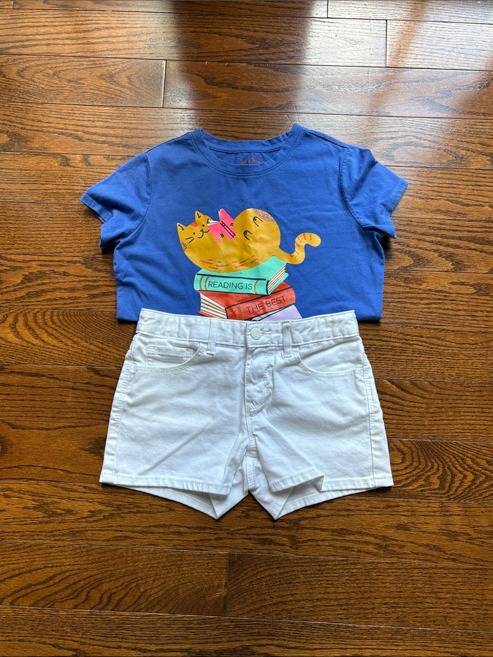 GAP Blue Tee with Yellow Cat Graphic & White Shorts Kids Matching Set